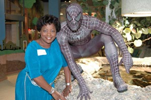 Dr. Wilhelmena Mack poses with Spider-Man.